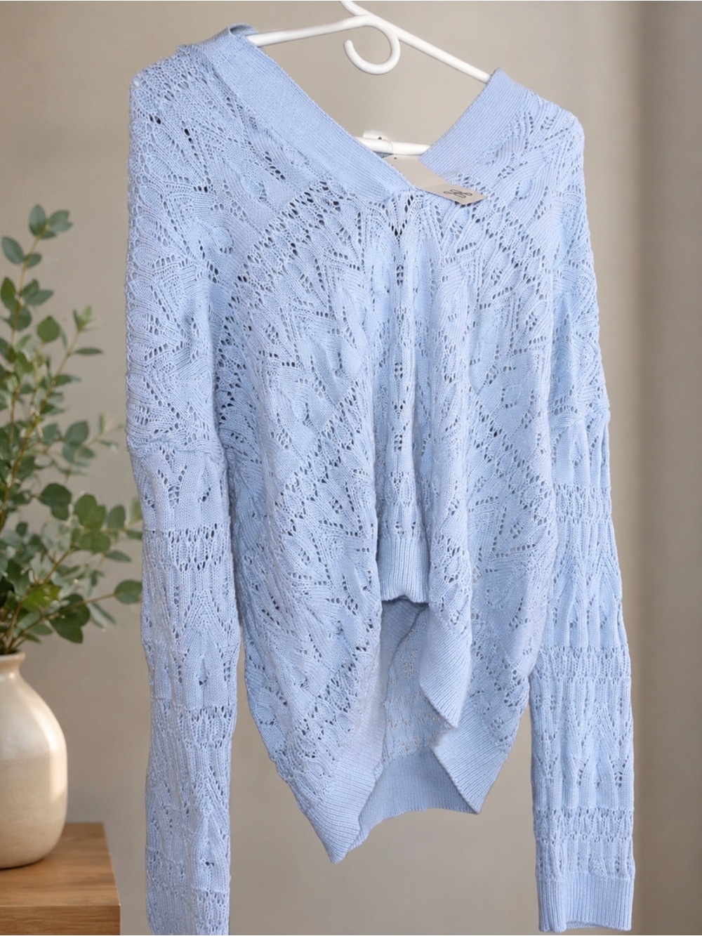 Source Unknown Light Blue Off-Shoulder Openwork Knit Sweater